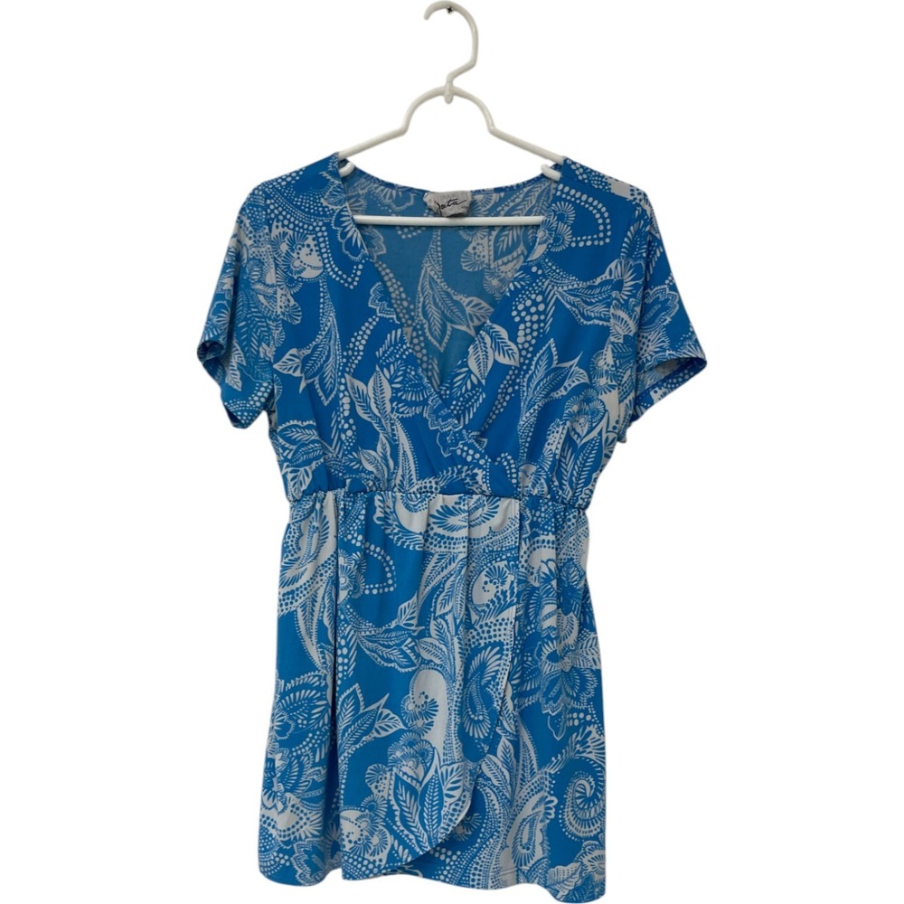 Jota Womens Top Blue Floral Surplice V-Neck Short Sleeve Tunic Blouse Bohemian